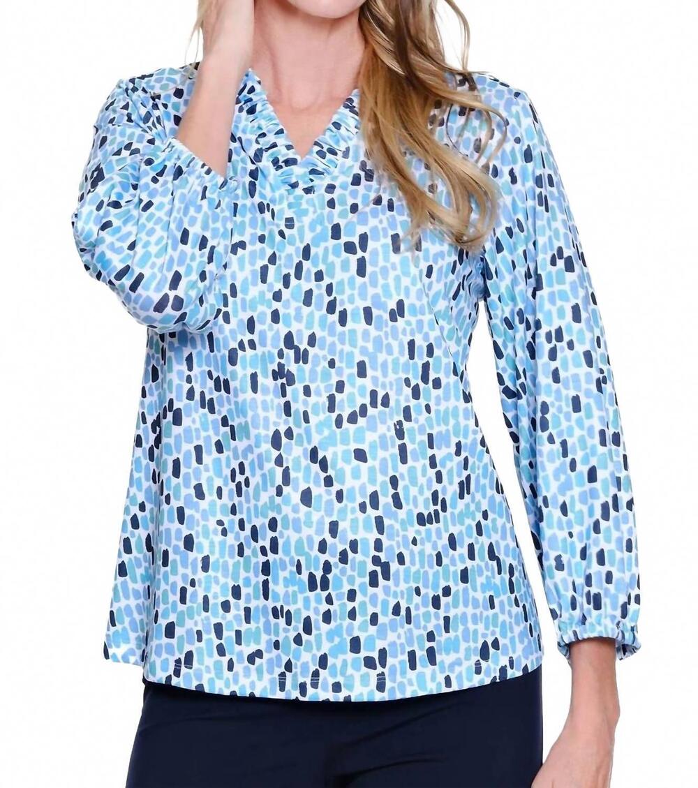 NEW MULTIPLES elastic hem 3/4 sleeve ruffle v neck top in multi